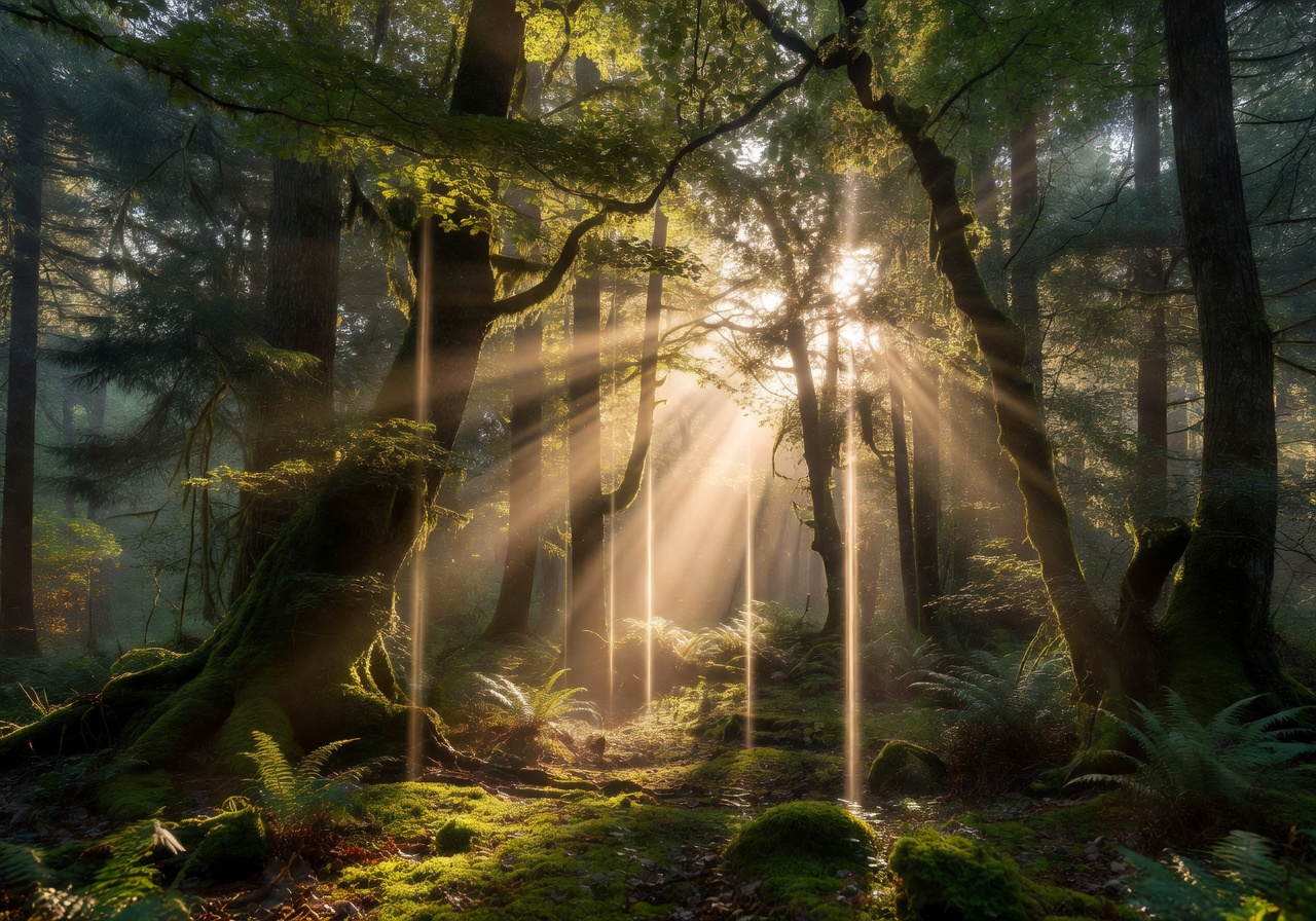 Bright morning sun shining through forest canopy representing support line