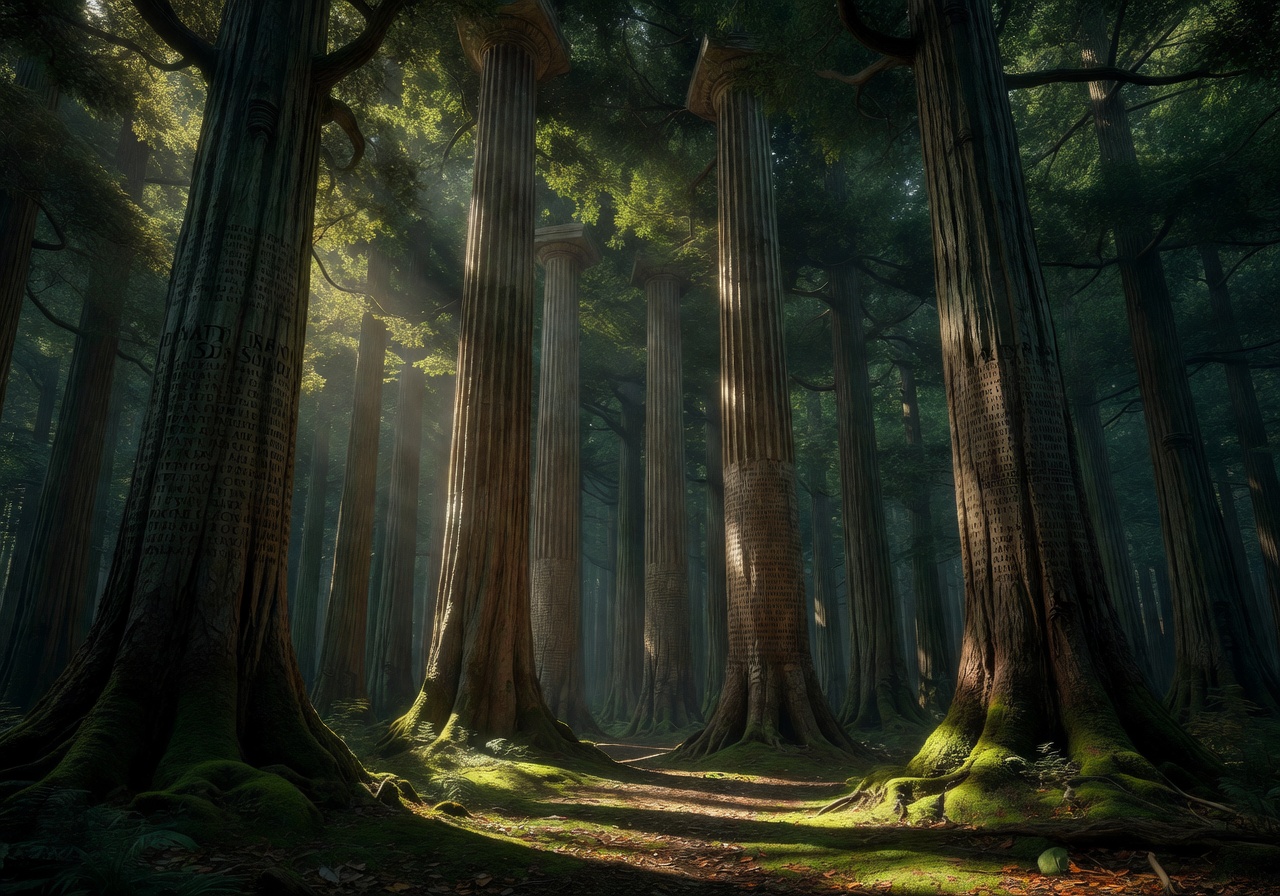 Deep green forest with towering trees representing structural and legal pillars