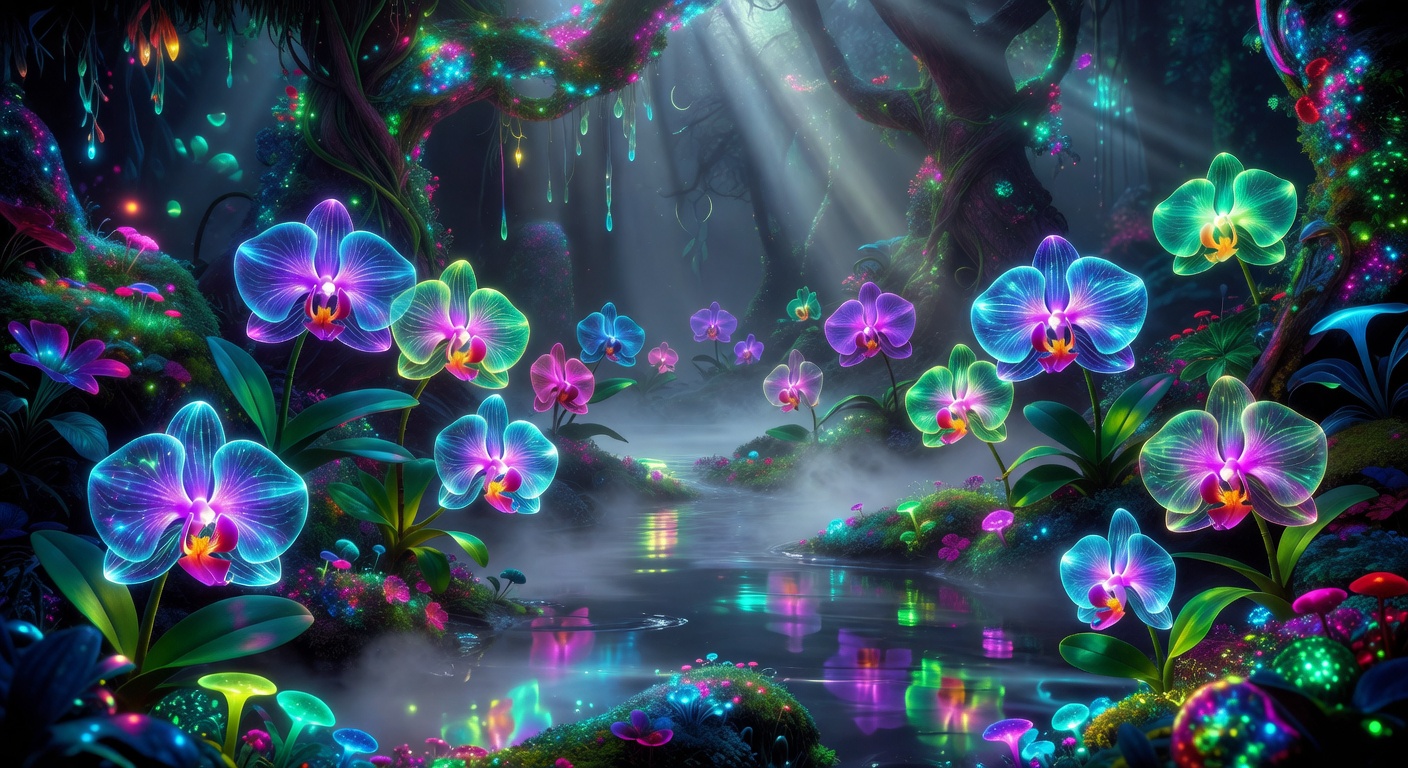 Enchanted magical neon orchids in a dream botanical environment