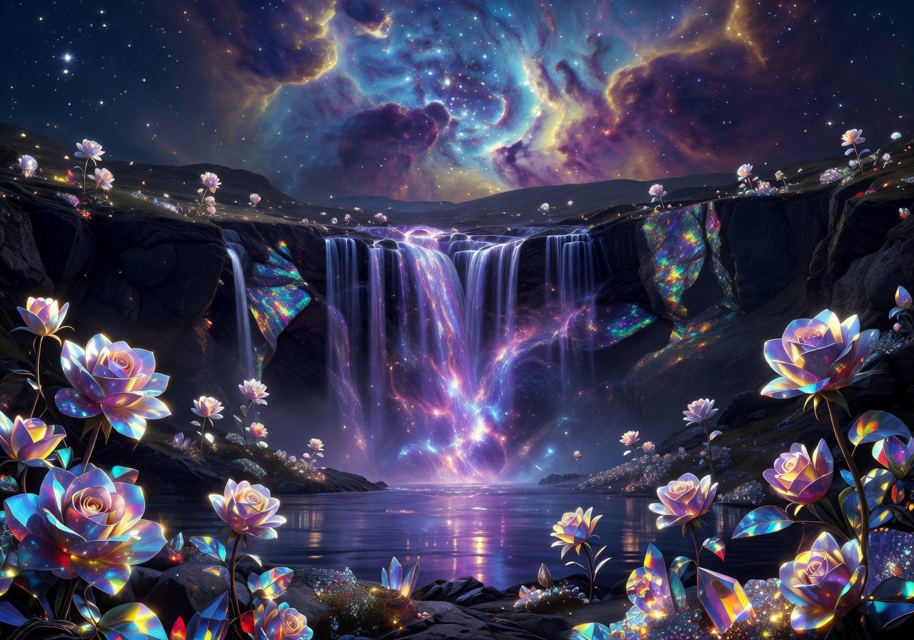 Nebula Crystal Rose Falls Landscape