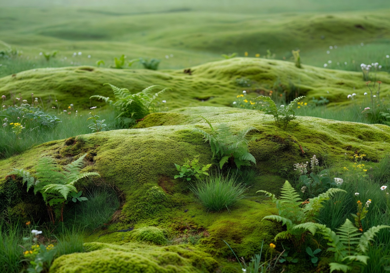 Serene natural background fields highlighting green moss and fresh nature