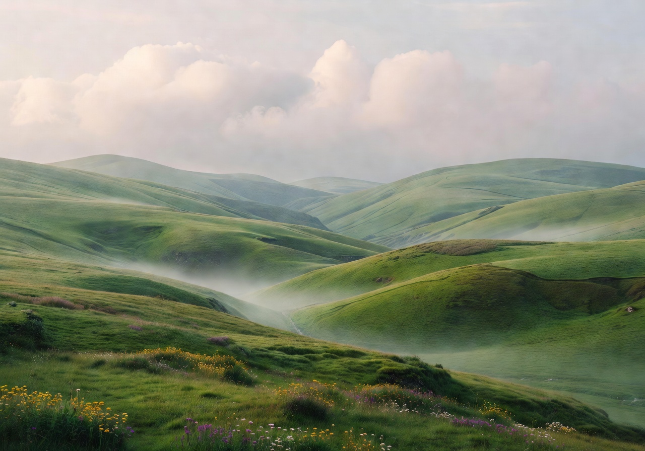 Serene rolling mountain valleys under soft clouds representing tranquility and safety
