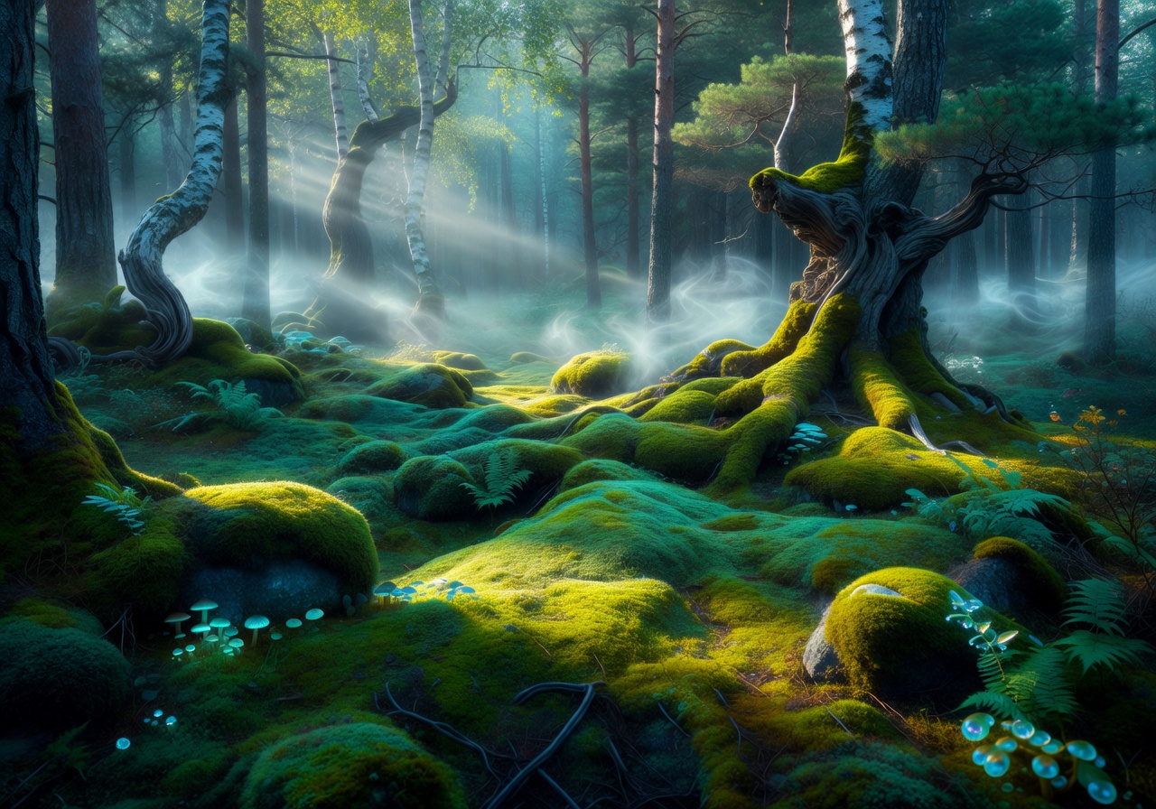 Vibrant mystical Scandinavian moss forest signifying Finland core design spirit